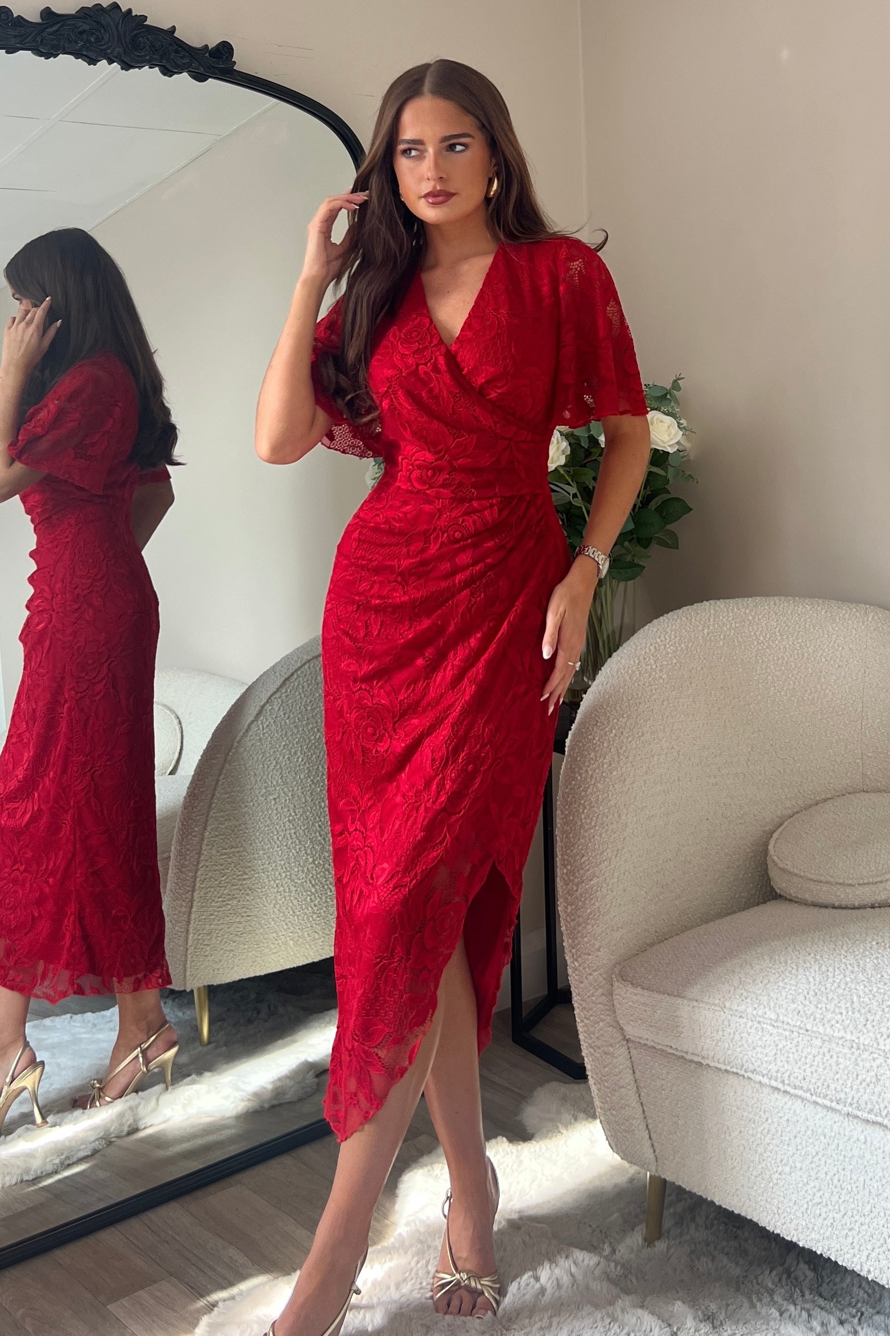 Natasha Angel Sleeve Wrap Midi Dress In Red Lace