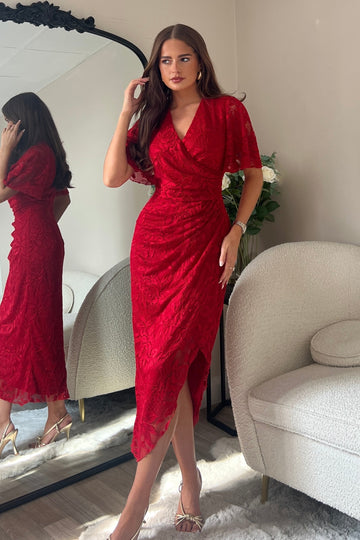 Natasha Angel Sleeve Wrap Midi Dress In Red Lace