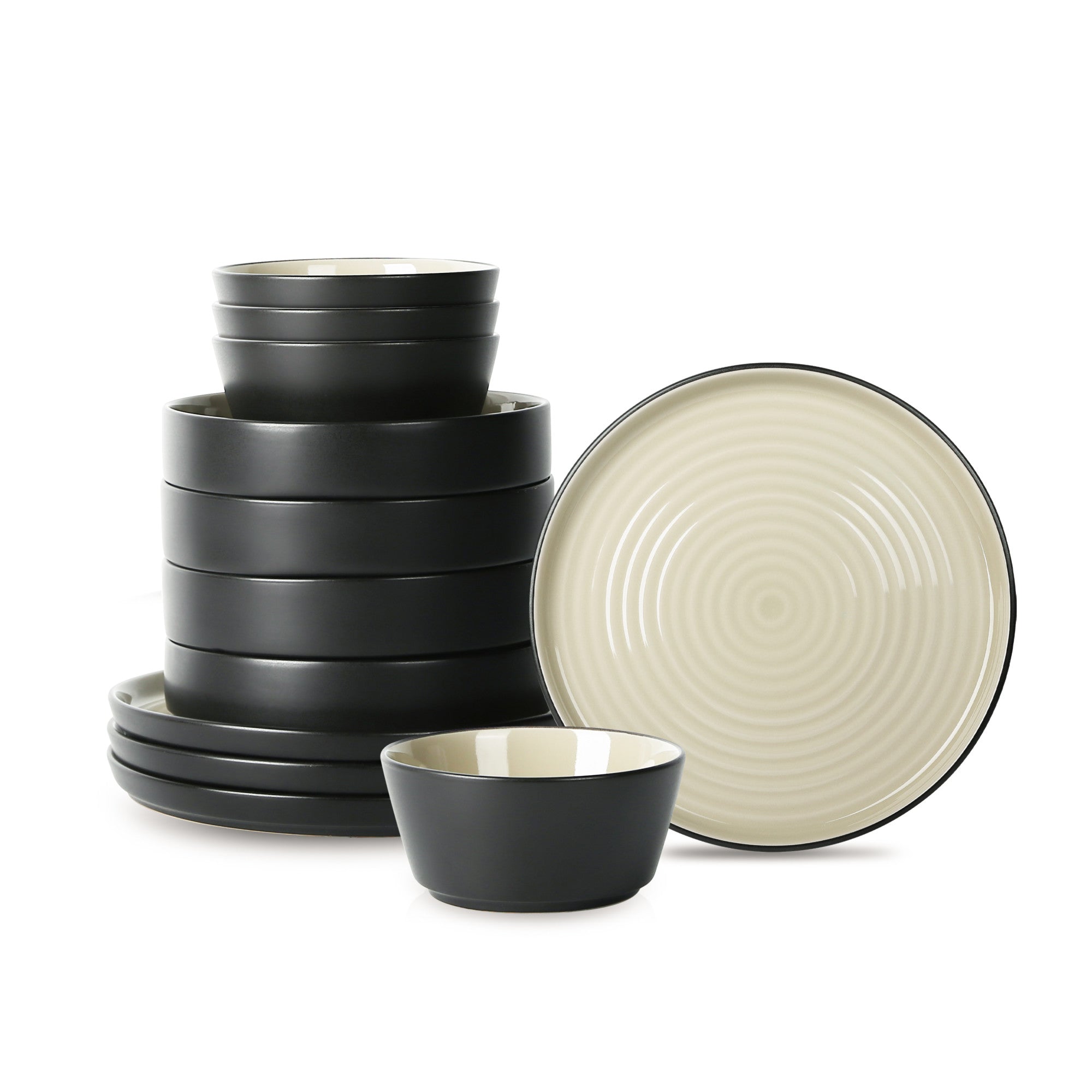 Monxra Stoneware Dinnerware Set - Beige And Black