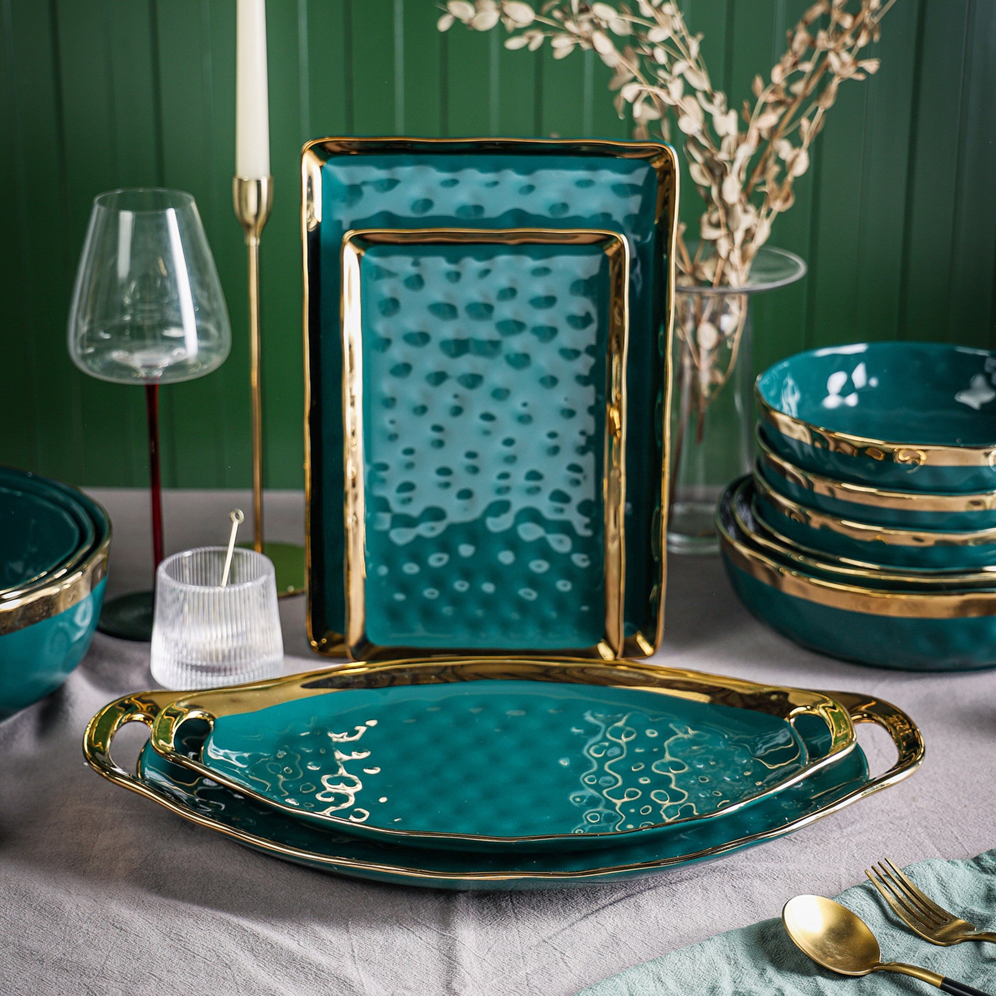 Monxra Porcelain Service Plate Set - Green